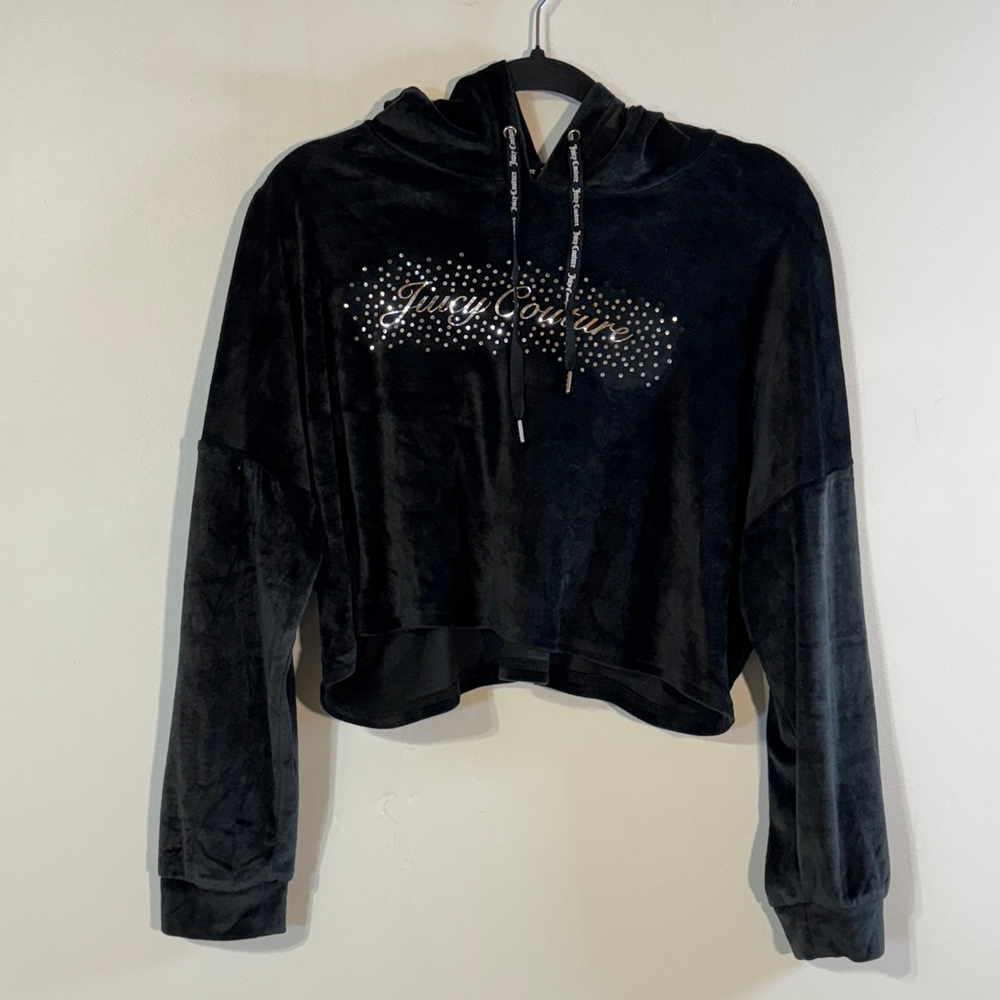 Juicy Couture Sleepwear Hoodie Women’s Size XL Black Velour Cropped Long Sleeve